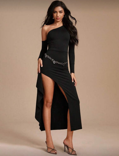 Vestido drapeado largo - negro