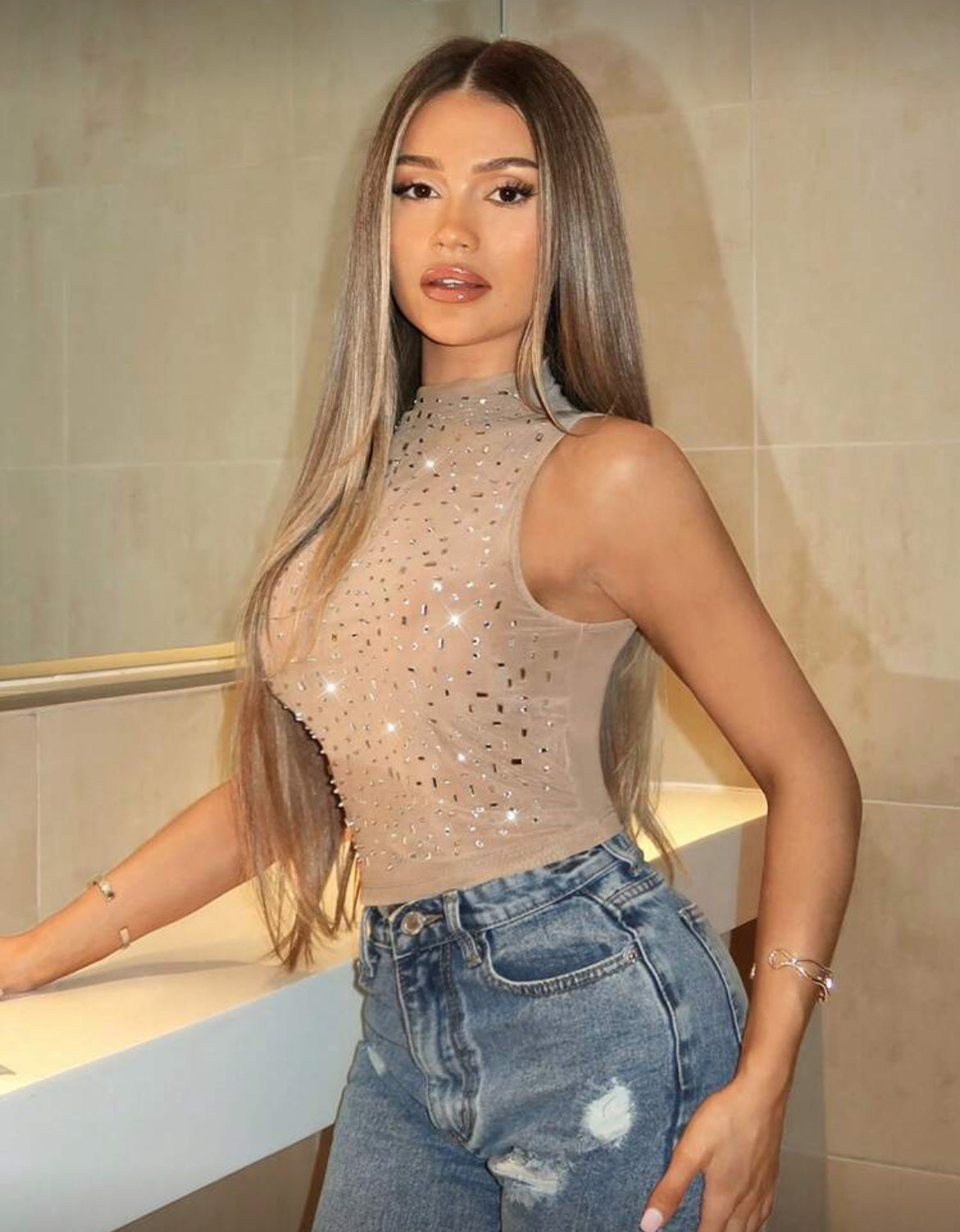 Blusa Mónaco brillos - nude